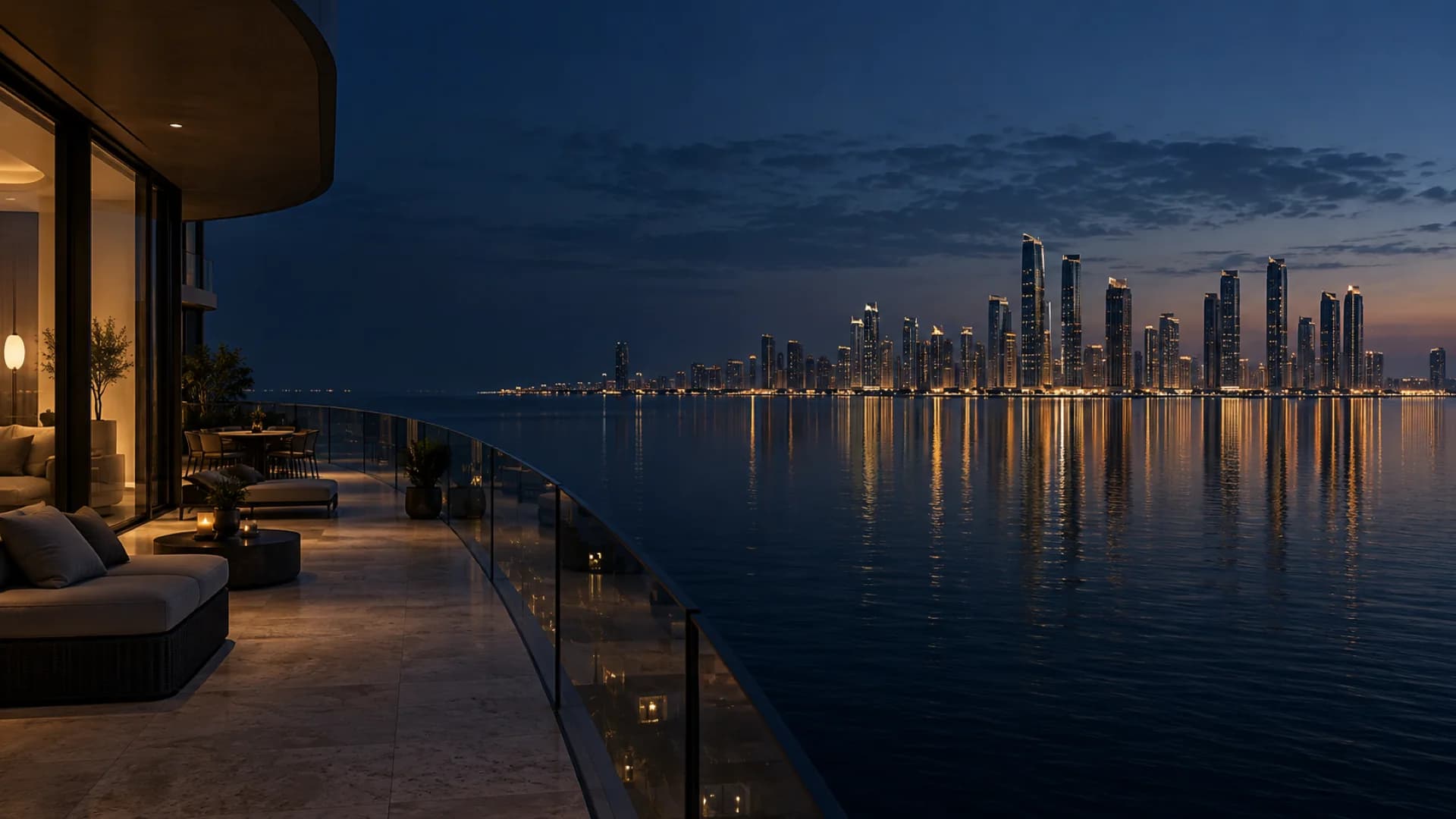 A residential terrace at blue hour overlooking calm water and a lit skyline
